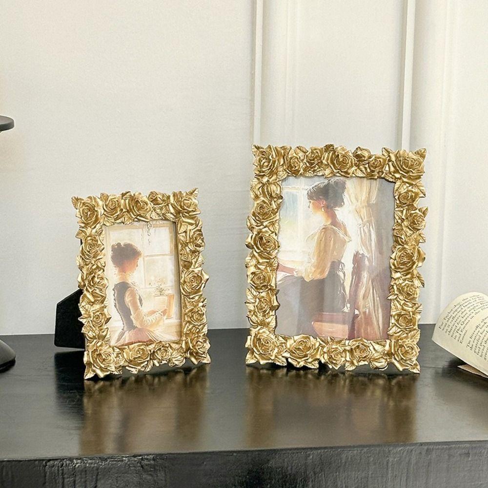Retro Rose Edged Picture Frame 5/6/7 Inch Photo Props Frame Ornaments Creative Photo Frame Bedroom