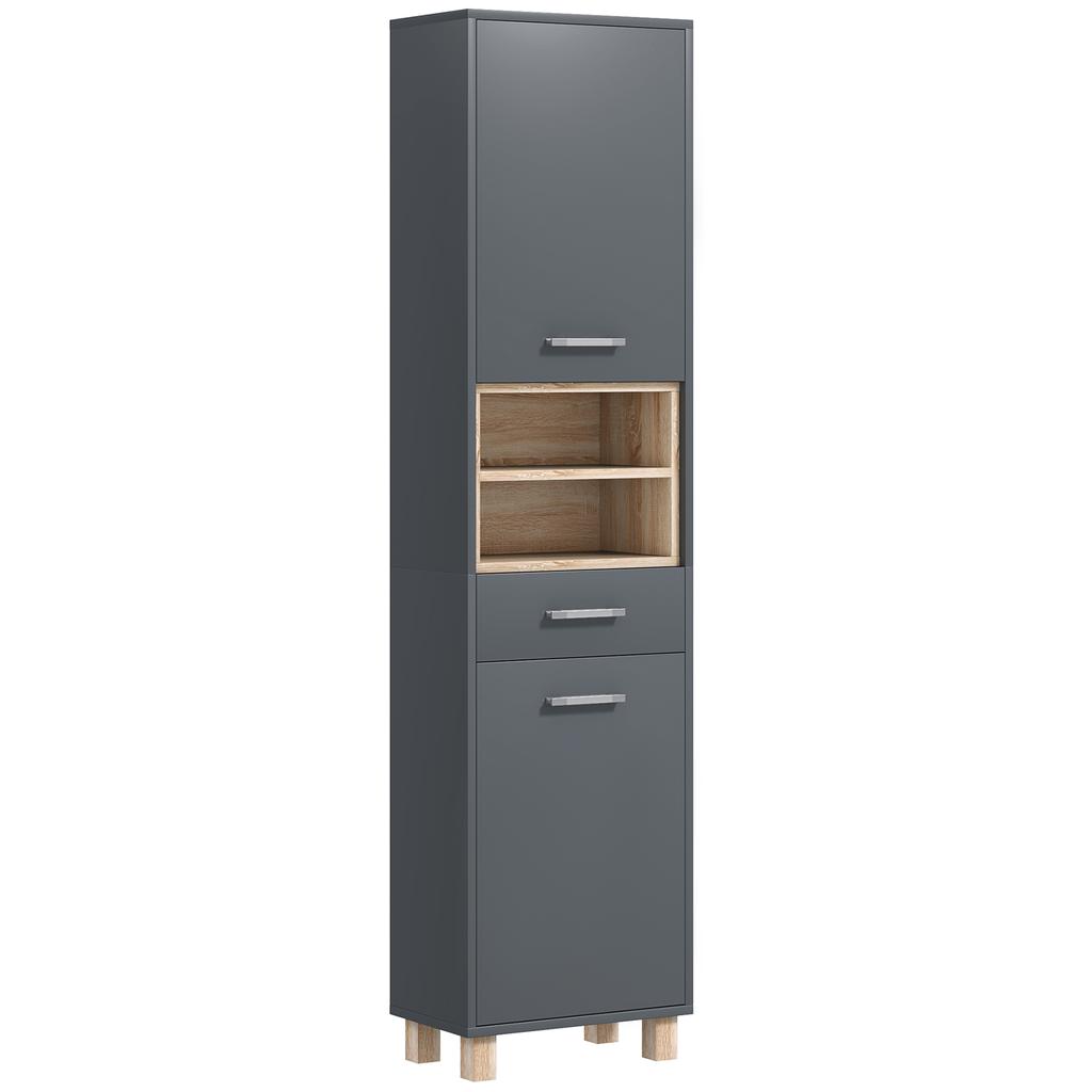 Bathroom Storage Cabinet with 2 Cupboards, Drawer, Open Compartments, Grey
