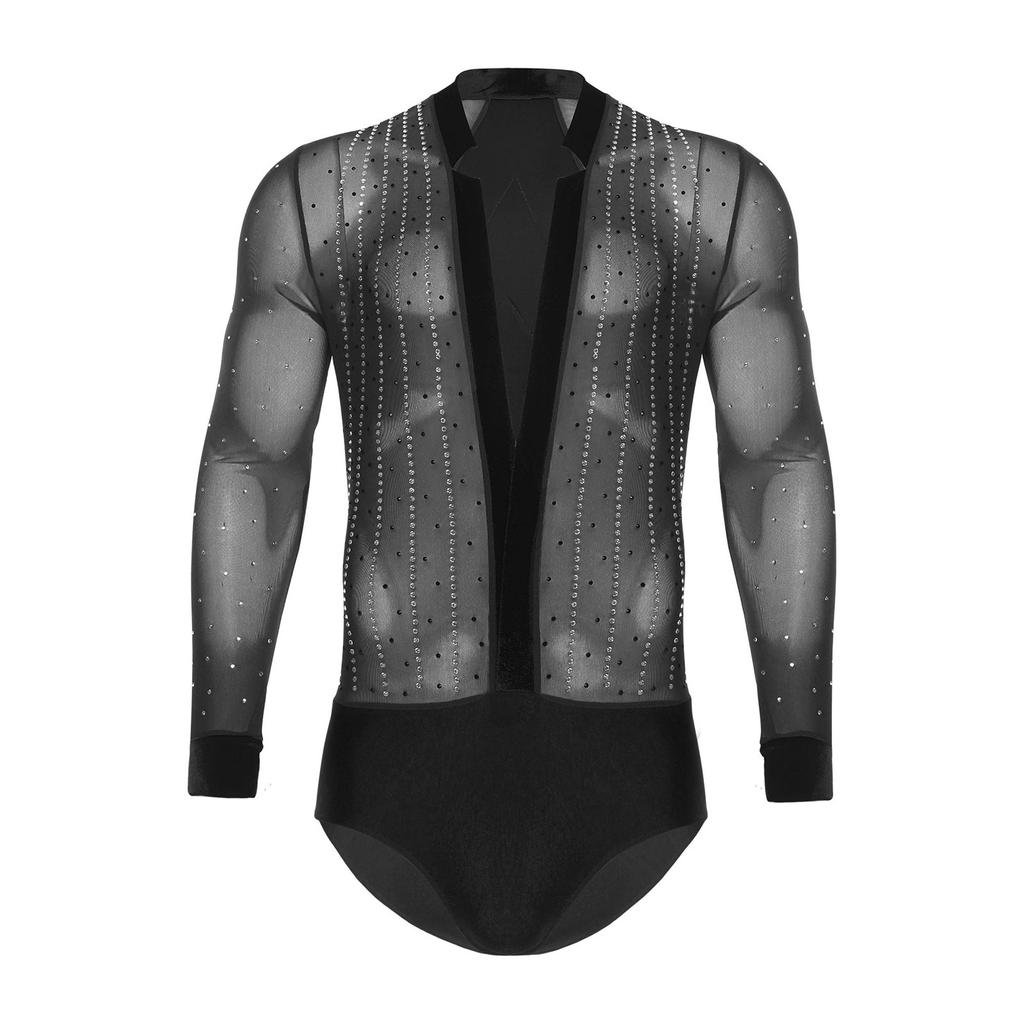 Men Latin Dance Leotard Mesh Long Sleeve Deep V Neck Velvet Shiny Rhinestones Bodysuit