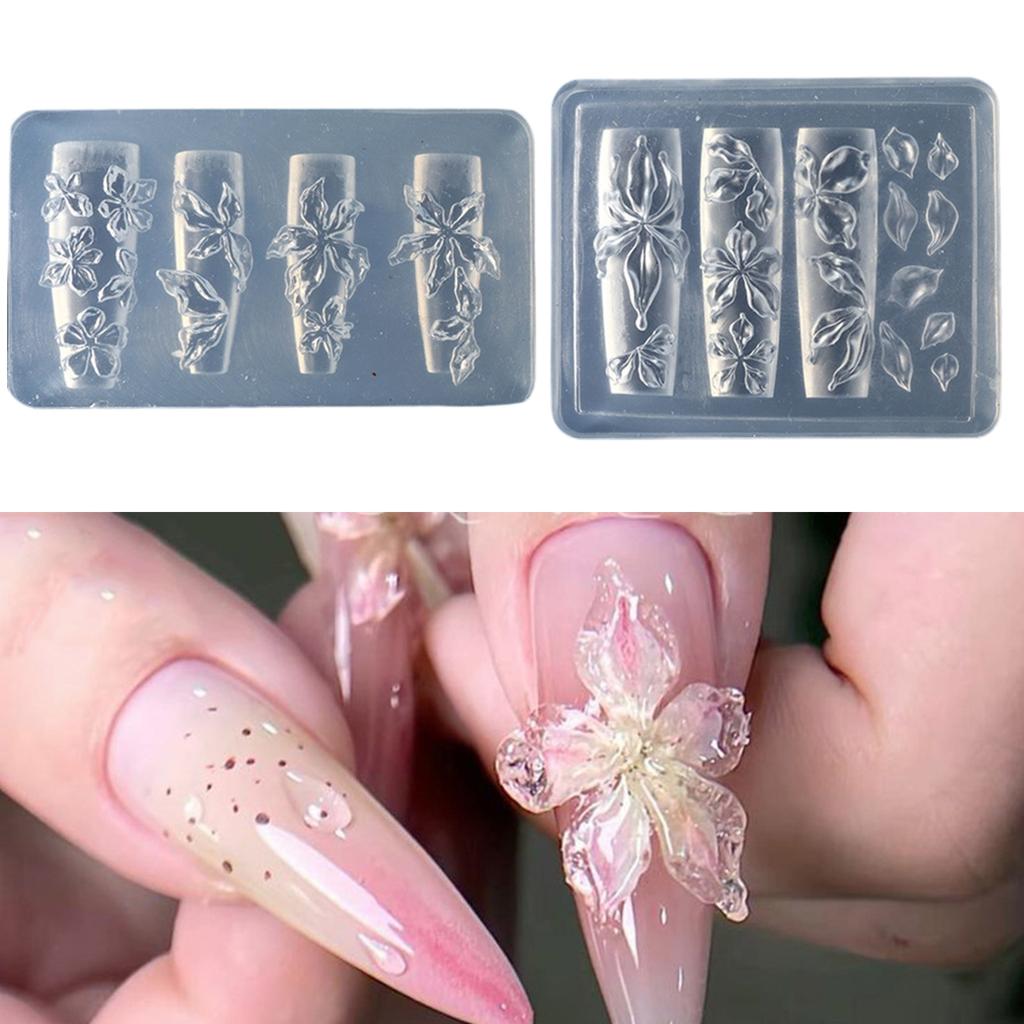 2 Pieces Silicone Nail Art Mould for Floral Embossing Manicure Tool With Reusable Flower Designs Templates