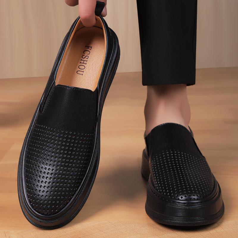 Fashion Men's Breathable Hollow Shoes Slip-On All-match Loafers Summer Casual Leather Cowhide Flats Males Genuine Leather Casual Shoes