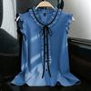 1116 large size European and American women's clothing temperament vest, fungus edge V-neck lace-up single-breasted drape sleeveless shirt