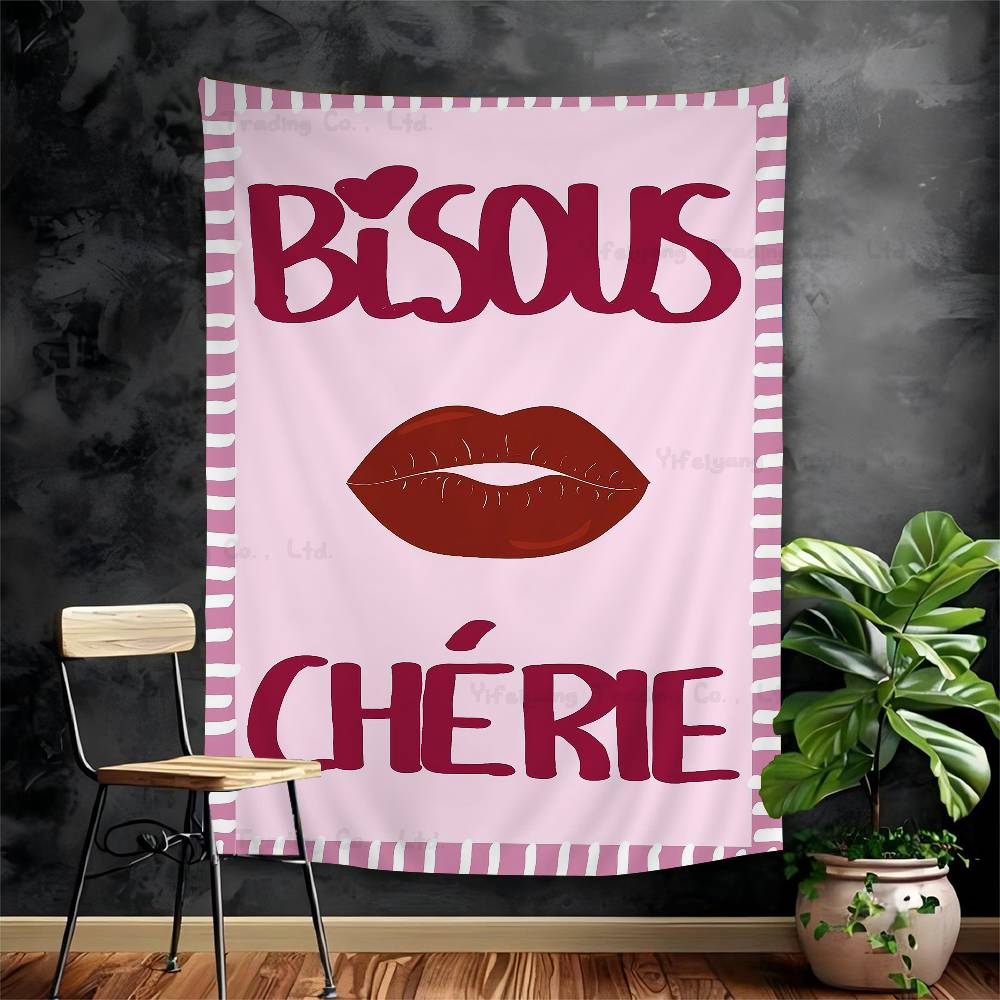 Maximalist Eclectic Pink French Quotes Bisou Chart Tapestry Art Science Fiction Room Home Decor Cheap Hippie Wall Hanging