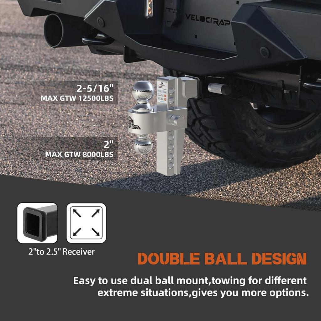 Adjustable Aluminum Trailer Hitch Ball Mount for 2" Receiver with 8" Drop/Rise, Dual Balls, 12.5K GTW