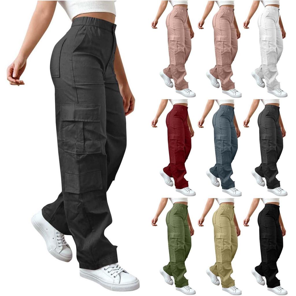 Womens Elastic High Waisted Cargo Pants Stretch Casual Wide Leg Streetwear Parachute Hiking Pants With Pockets