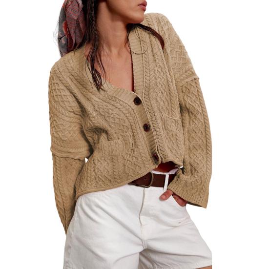 Women Sweater Coat V-Neck Long Sleeve Buttons Closure Cardigan Jacket with Pockets Solid Color Twist Texture Knitting Coat