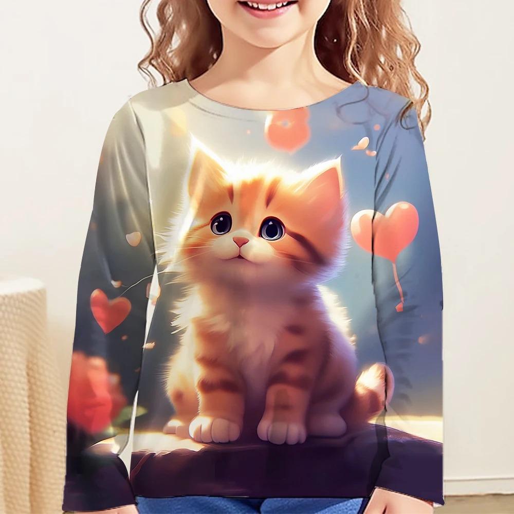 Children's Cute Cat 3D Digital Printed Girl Fashion Trend Round Neck Long Sleeved T-shirt