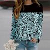 Осенняя женская модная футболка с круглым вырезом и длинным рукавом, свободная одежда, синяя футболка с цветочным принтом для девочек, уличная
