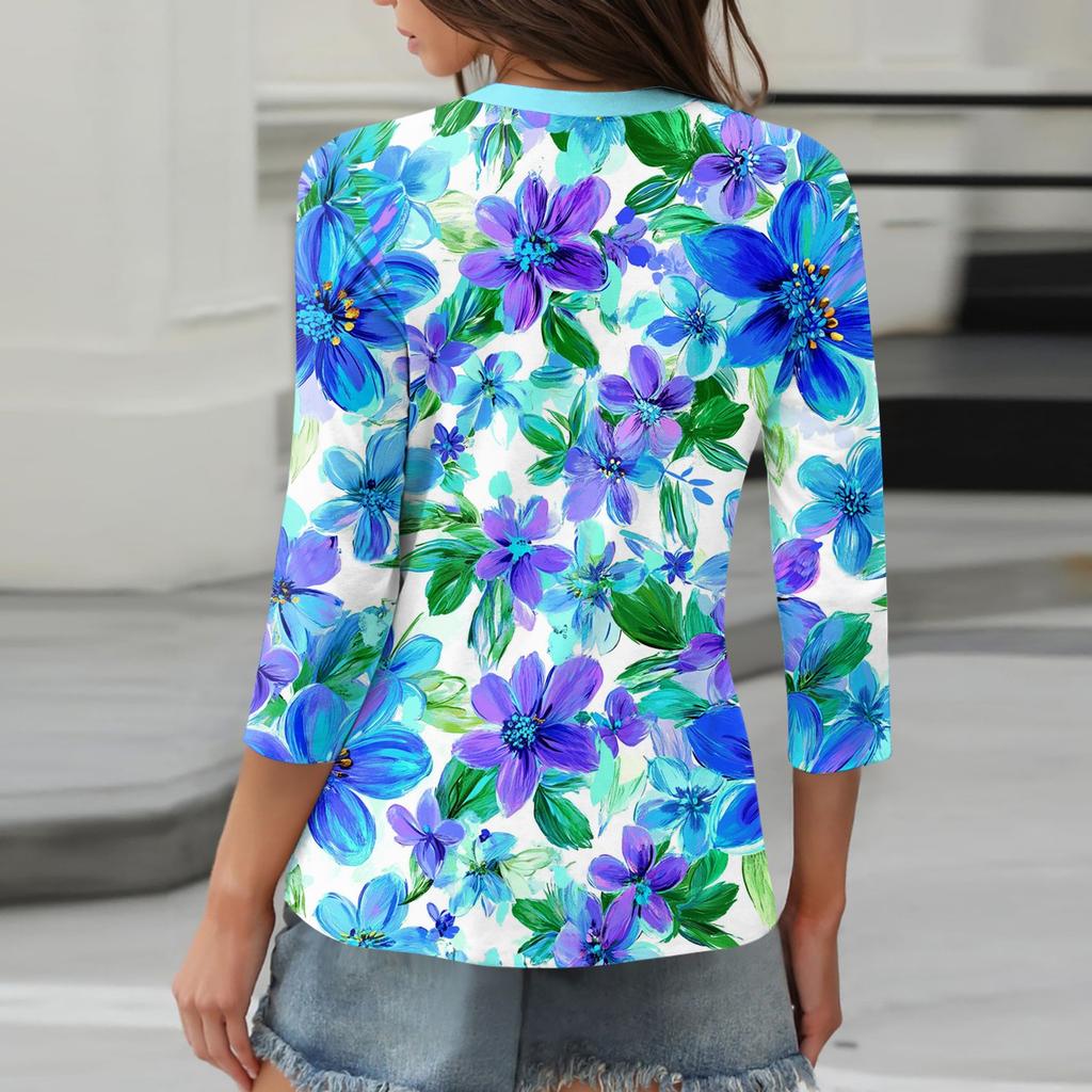 3/4 Length Sleeve Womens Tops Print Vintage Fashion Casual Loose With V Neck Plus Size Shirts Tops