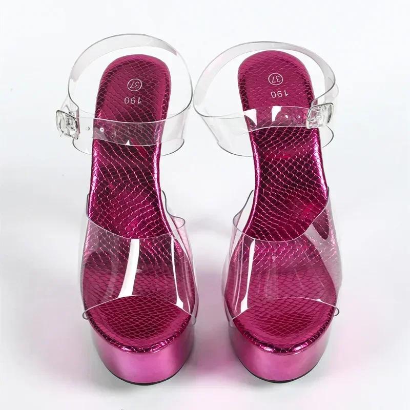 Модные фиолетовые супер высокие каблуки женские 2025 лето сексуальные тонкие высокие каблуки 15 см сандалии прозрачный ПВХ дизайн платформы банкет туфли для танца на пилоне