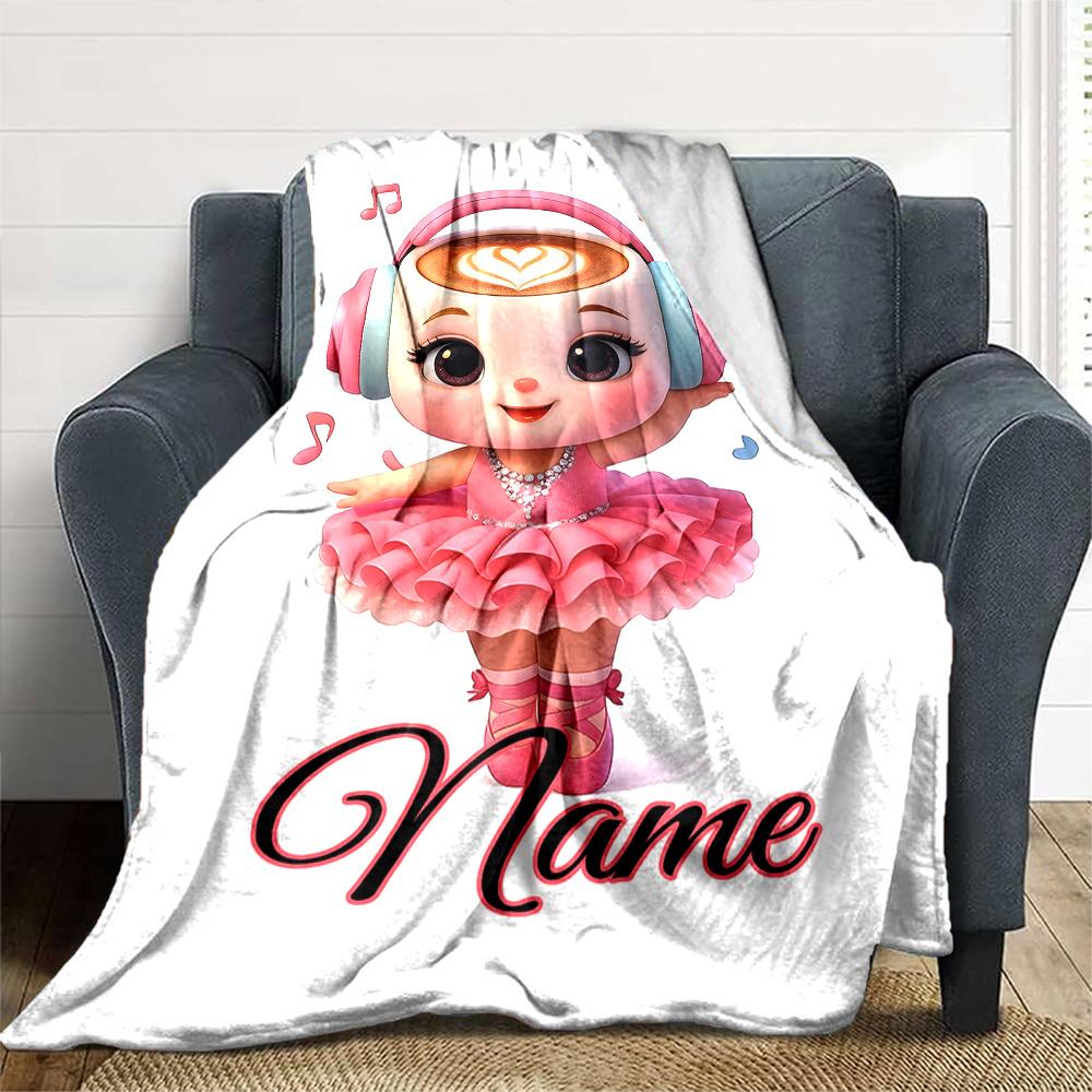 Dancing Ballerina With Headphones And Coffee Art Customize Your Name Cartoon Movie Pattern Blanket Chair Office Sofa Bed Camping Soft And Warm Give To