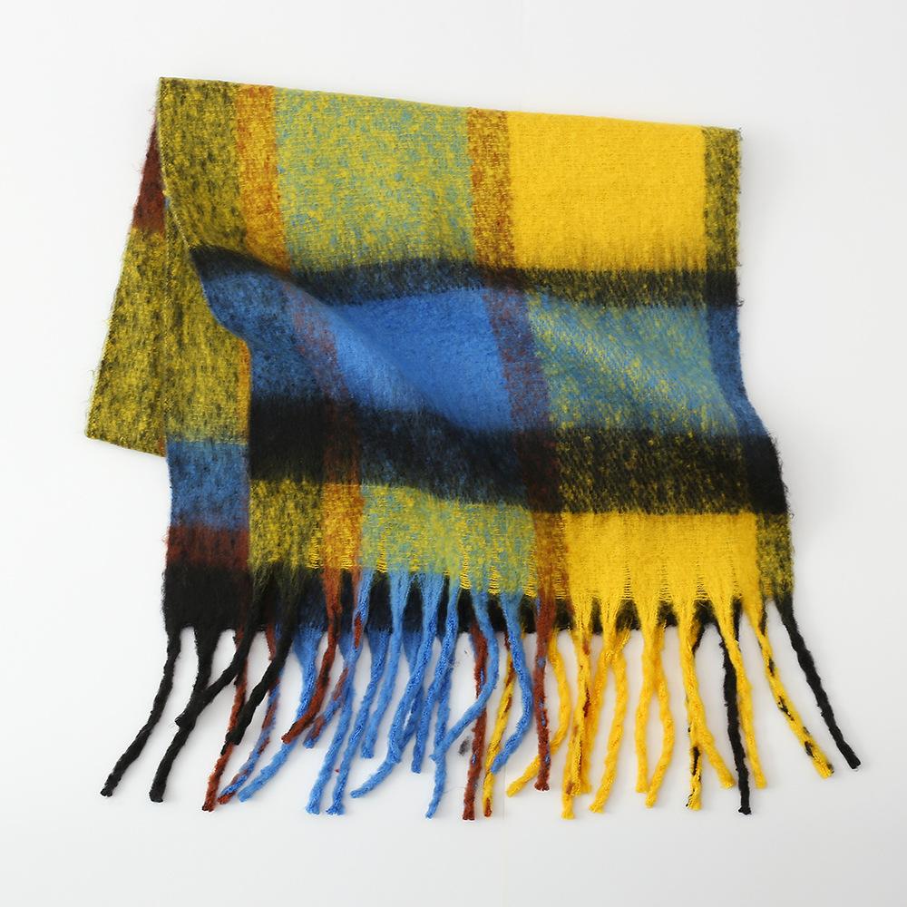 Autumn and Winter New Rainbow Plaid Imitation Cashmere Fringed Scarf Women's Mohair Enlarged Thick Shawl Warm Scarf