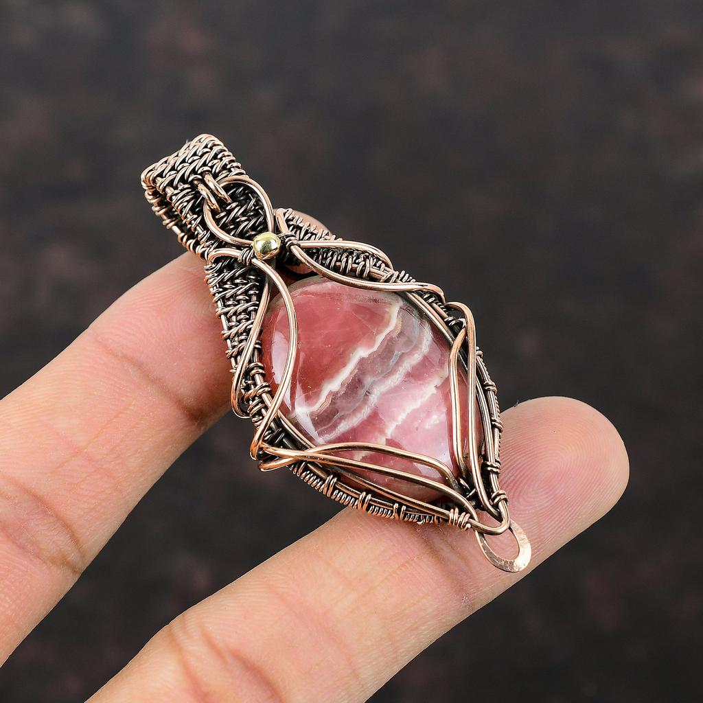 Подвеска с родохрозитом, медная проволока, кулон, драгоценный камень, медные украшения, кулон ручной работы, проволочная пленка, ювелирный подарок для мамы, кулон с камнем по случаю рождения