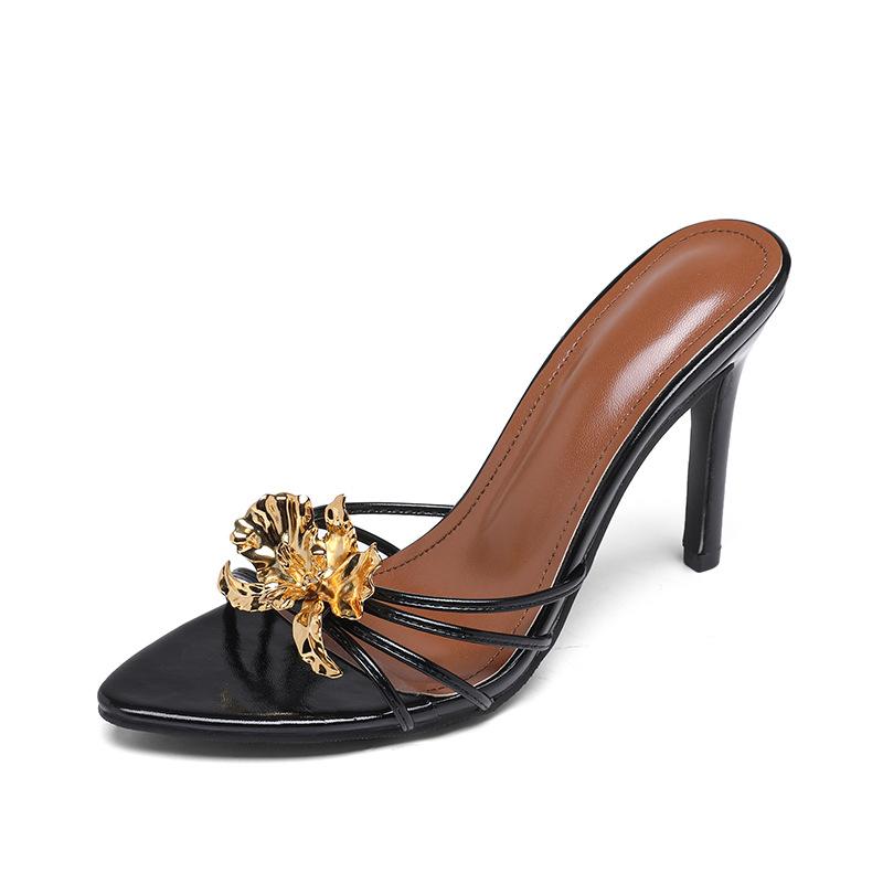 Summer Women's High-heeled Sandals Fashionable Stilettos All-match Metal Flower Sandals Outdoor Slippers
