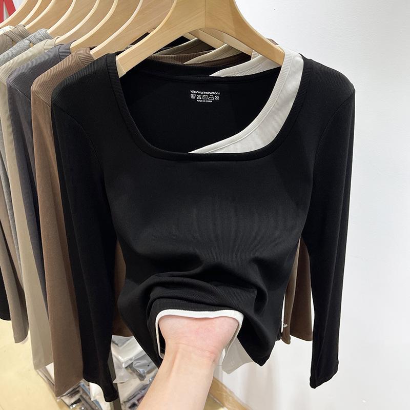 Футболка Niche Western контрастного цвета из двух частей с квадратным вырезом и длинными рукавами, короткая футболка для женщин в европейском стиле на осень и зиму