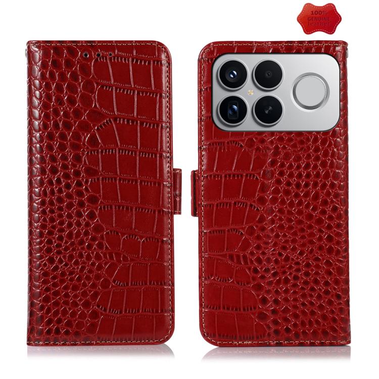 Crocodile Texture Top Layer Cowhide Leather Phone Case For Redmi K100 Pro Max/Poco F9 Ultra 5G, RFID Card Slot Kickstand Wallet Protective Cover