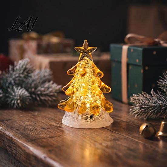Handmade Crystal Figurine Glass Christmas Tree Lighted Figurine Mini Luminous Xmas Clear with Gold Star Night Light Art Tabletop Holiday Decoration