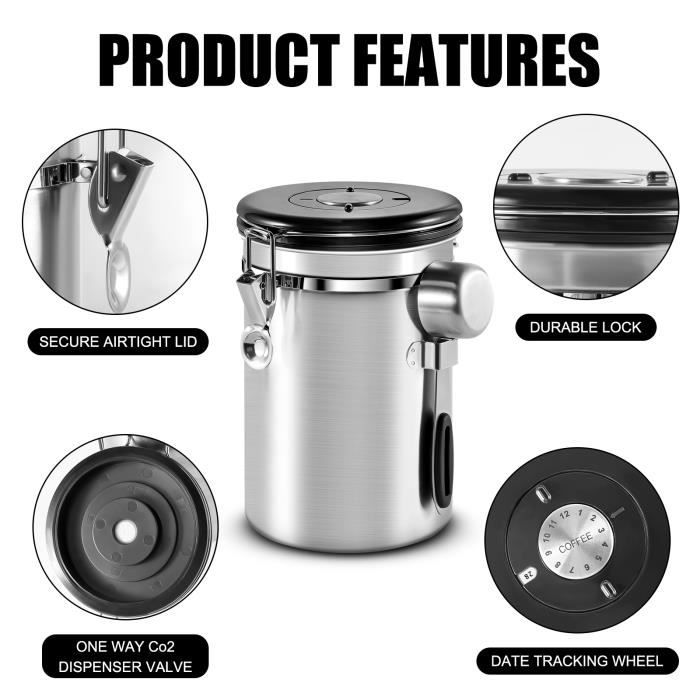 Boîte à Café - 1.8L - Acier Inoxydable - Facile à Nettoyer - Design Contemporain