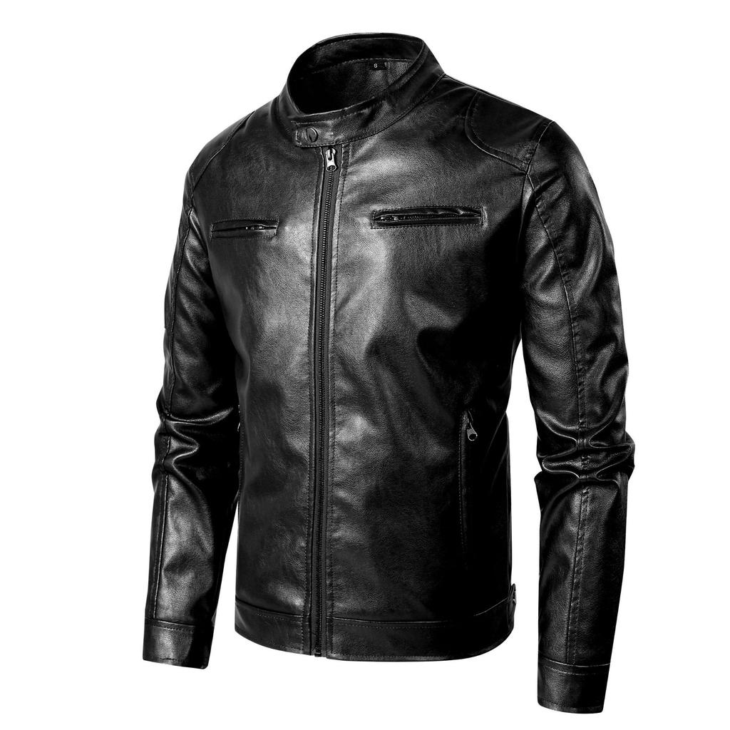 Leather Jacket Men's Stand Collar Trend Spring and Autumn New Leather Jacket Handsome Motorcycle Suit Green Large Size Jacket