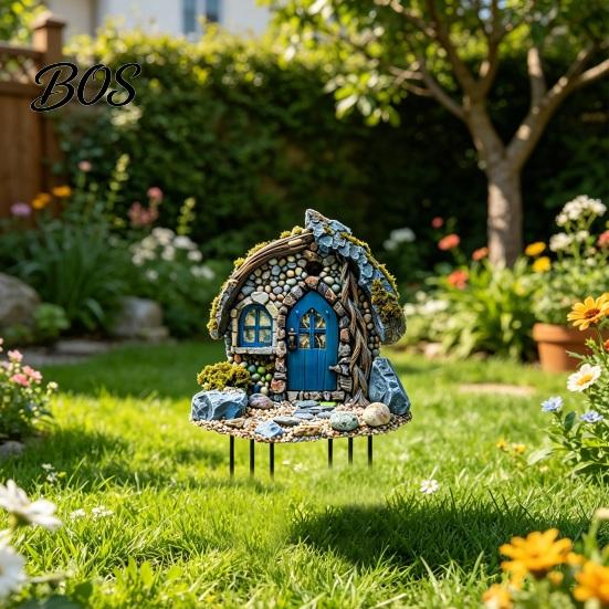 Elf Cabin Garden Stake Stone House Stake, 2D Acrylic Blue Door Yard Art Fairy Tale Cottage Outdoor Decoration for Lawn Planter Decor Plant