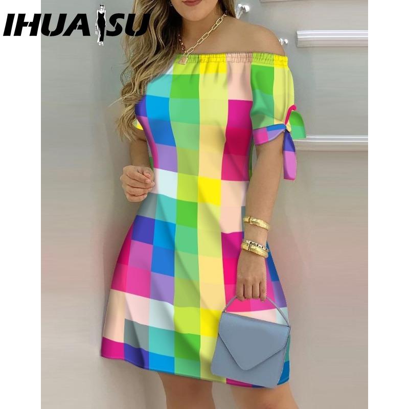 IHUASU Женское модное платье с открытыми плечами, короткие рукава, принт с бантом, летние пляжные платья больших размеров