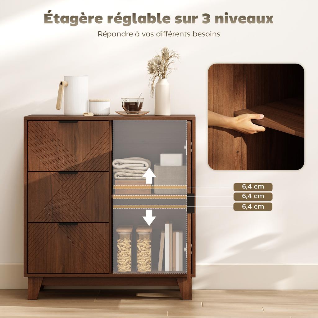 Buffet Sideboard Storage Cabinet With Door 3 Drawers And Adjustable Shelf 75 X 39 X 80 Cm Brown Wood Effect