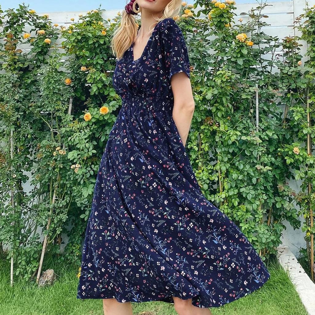 Модная женская повседневная юбка-миди с v-образным вырезом и принтом, платье с эластичной резинкой на талии