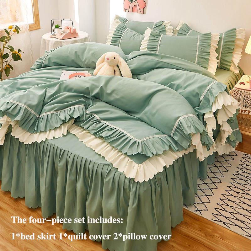 Four-piece Bed Skirt Thick Brushed Korean Style Bed Skirt and Quilt Cover Three-piece Princess Style Bedding