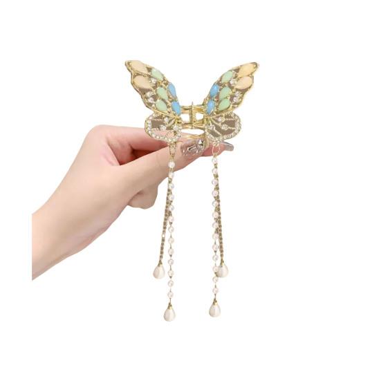 Hair Claw Long Fringe Faux Pearls Butterflies Decor Hair Clips Women Girls Hairstyles Home Outdoor Playing Hair Decoration