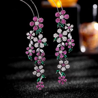 Цветочные серьги, серебряная игла S925, инкрустированные микроцирконами, преувеличенные, атмосферные, тяжелая работа, длинные свисающие ушные украшения