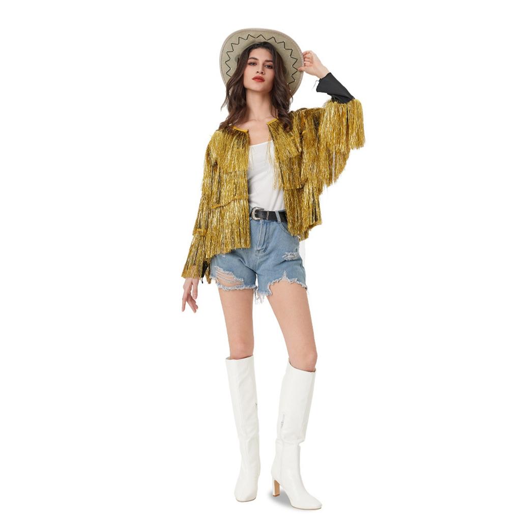 Women's Sequin Fringe Jackets Sparkly Tassel Hem Long Sleeve Open Front Jacket Outerwear
