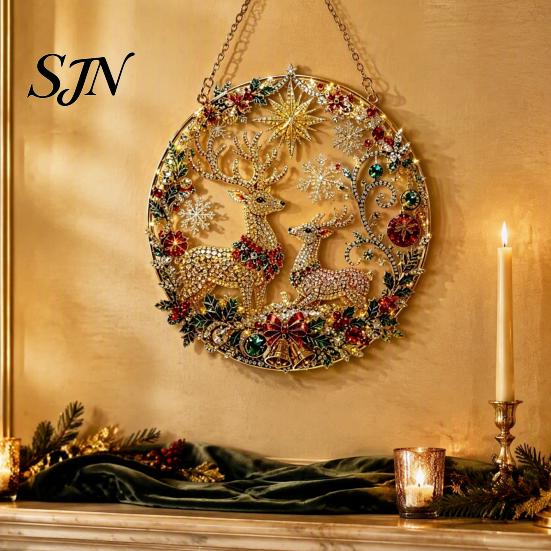 Festive Indoor Winter Ornament Christmas Faux Diamond Art Kit, Santa Angel Sun Catcher DIY Acrylic Sparkling Holiday Home Decor Round