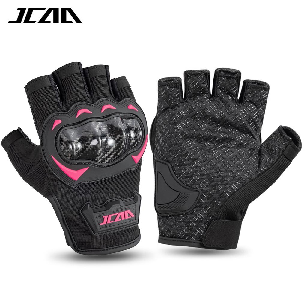 JCAA Black Summer Half Finger Motorcycle Gloves with Carbon Fiber Knuckle Protection - Breathable & Durable Motorbike Gloves Men