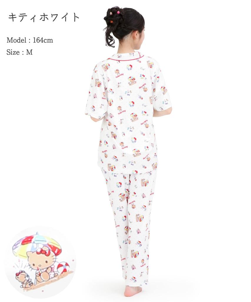 Персиковая футболка Hello Kitty сбоку, короткий длинный верх и низ, домашняя одежда [SAZAC], пижама, 100% хлопок, поплин, женская, рукава, брюки, комплект, домашняя одежда,