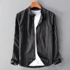Men's Spring and Fall Retro Striped Long-sleeved Shirt Stand-up Collar Casual Shirt Loose Cotton Shirt
