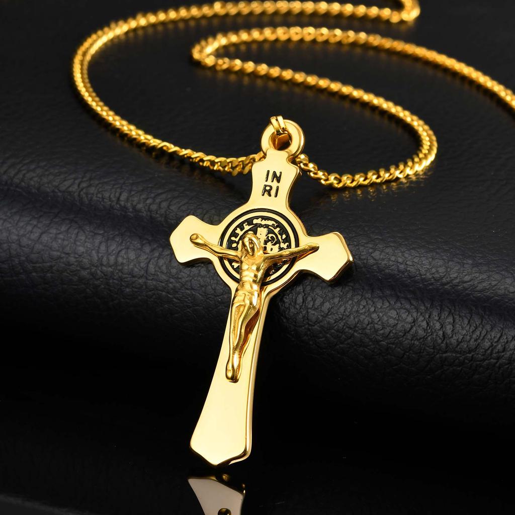 Catholic Jesus Cross Stainless Steel Necklace Gold Color Saint Benedict Pendant Religion Prayer Faith Jewelry for Men Women Gift