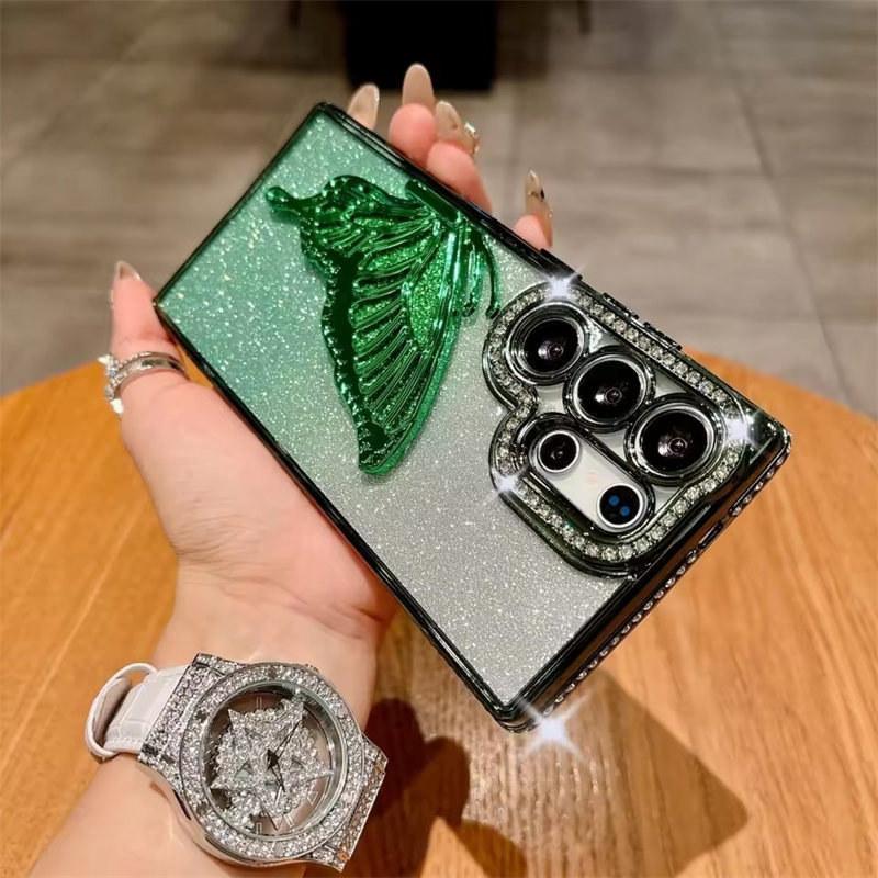Модный держатель-бабочка с блестками для Samsung Galaxy S25 Ultra S24 FE S23 S22 Plus Diamond Cover