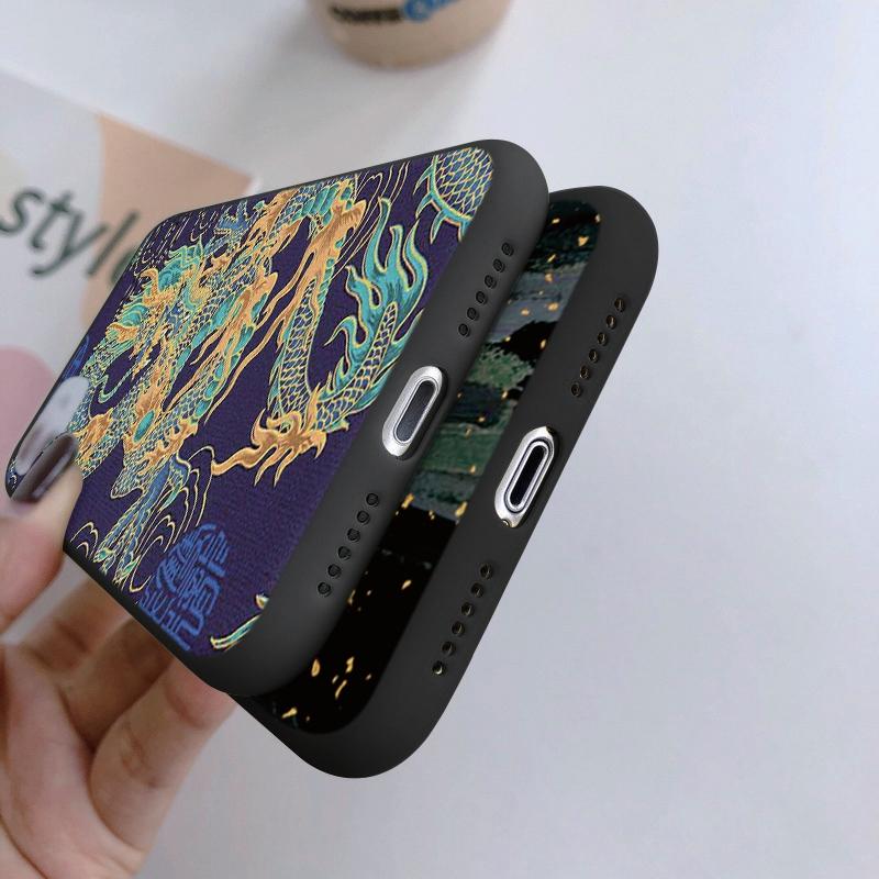 Мягкий силиконовый черный чехол с рисунком «Chines Loong» для Xiaomi Redmi Note 13 Pro 13C Poco C65 Samsung A55 S24 iPhone Camera Защитный противоударный чехол