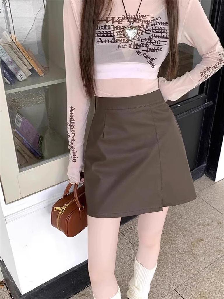 Women's Petite Black PU Leather A-Line Mini Skirt - Autumn/Winter Wrap Hip Style