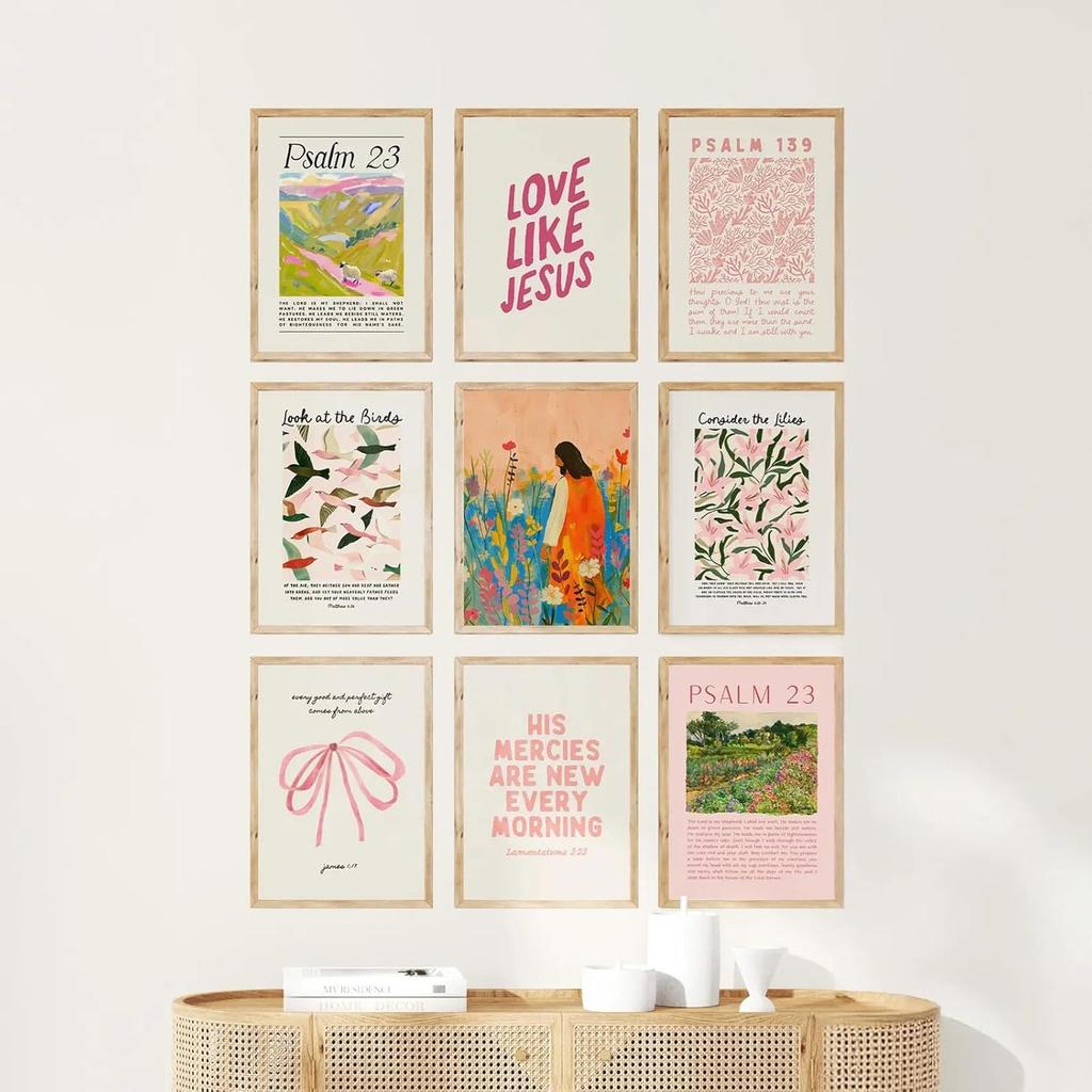 9pcs Christian Wall Art Bundle in Pink Bible Verse Paintings Pictures Wall decor Jesus Poster Printing Artworkfor Girls Room Christian Housewarming