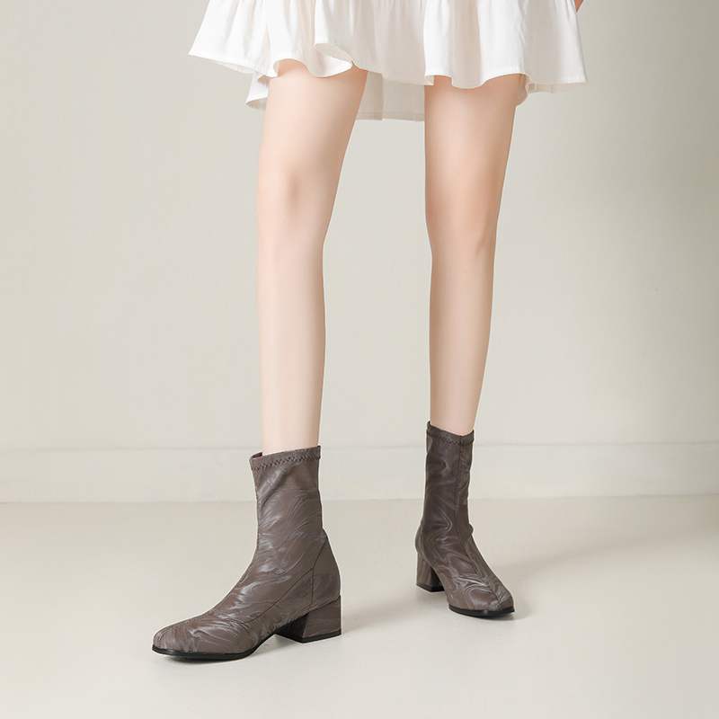 lenkisen PU Autumn Winter Shoes Thick Med Heels Printing Oriental Design Chelsea Boots Keep Warm Patterens Leather Ankle Boots