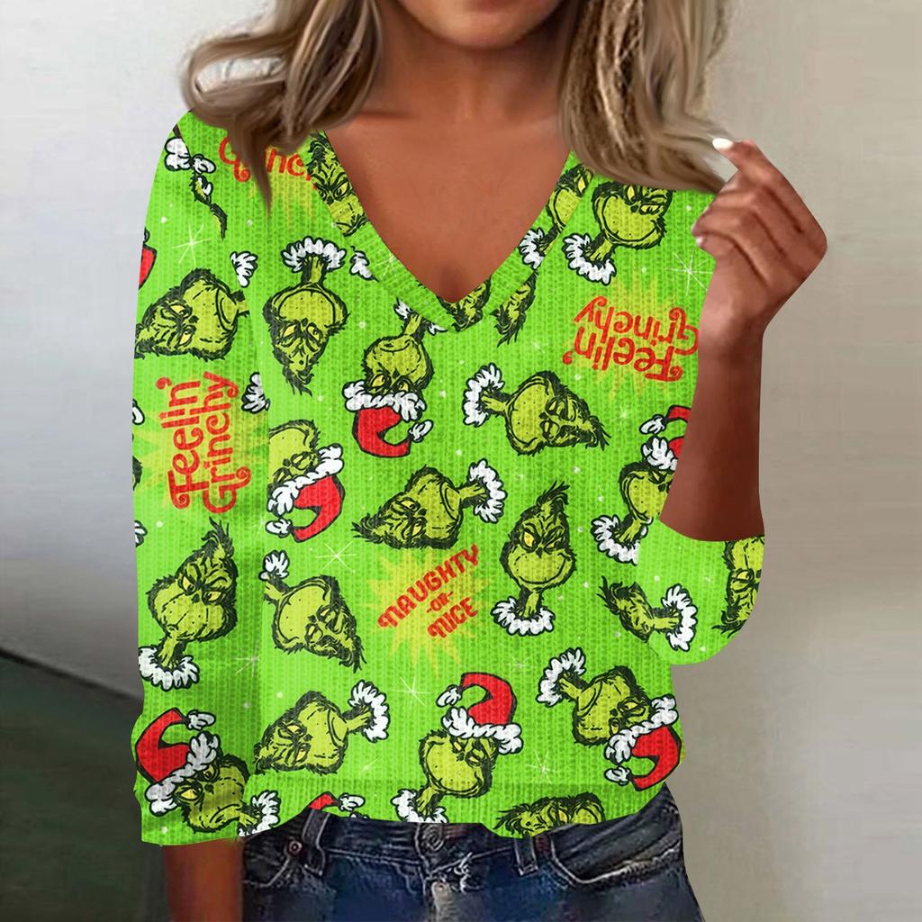 Women's Cute Sweatshirt Knitted Fashion Casual V-neck Long-sleeved Cozy Print Top