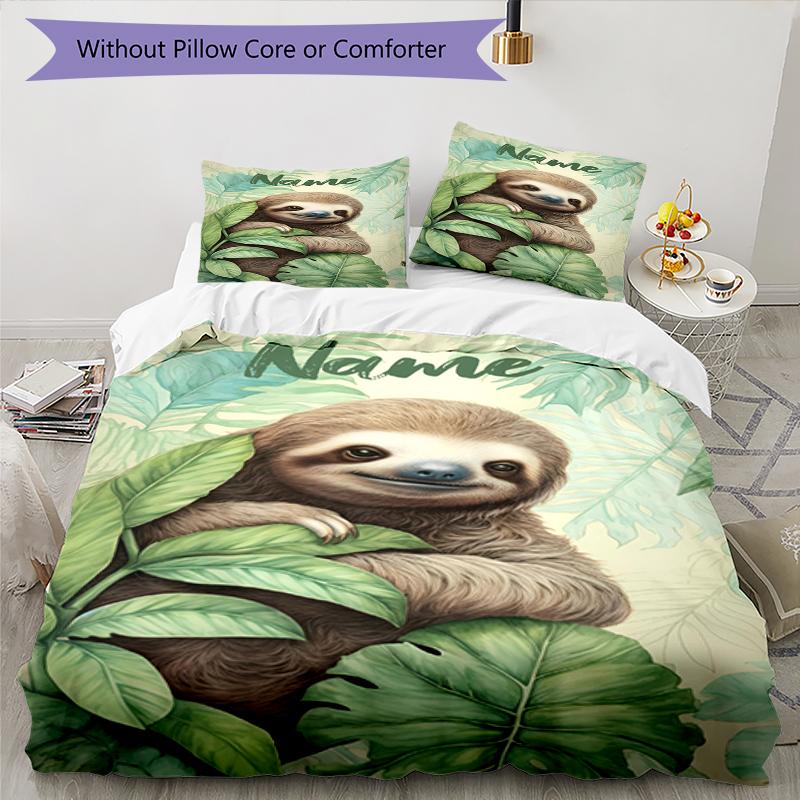 3pcs Custom Name Sloth Bedding Set Duvet Cover Closure Includes 1 Duvet Cover & 2 Pillowcases, Soft and Comfortable for All Seasons.