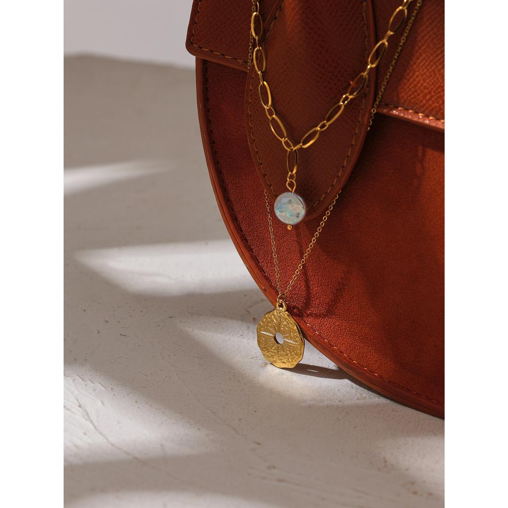 Yhpup Statement Round North Star Layered Pendant Necklace for Women Golden Stainless Steel Natural Pearl Chain Collar Necklace