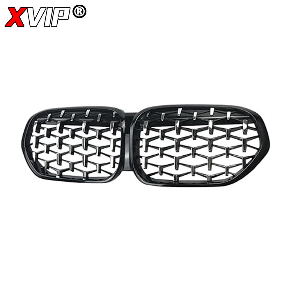 kyapx5 XVIP Carbon Fiber Look Double Line Style Front Racing Grills For BMW X1 F48 LCI 2020-2022 All Black Diamonds Style Upper Grilles