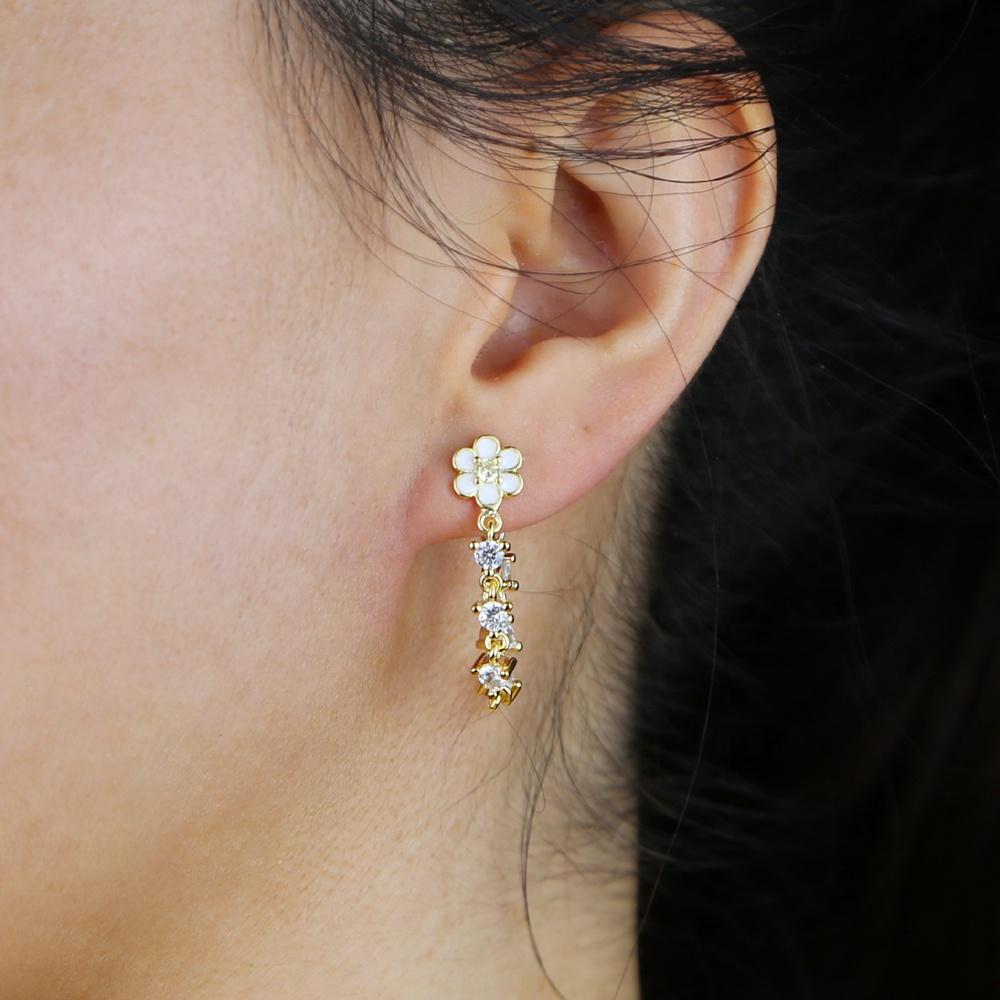 Promotion Cz Long Tassel Chain Double Piercing Flower Earring with White Zircon Bling Stud Earring Women