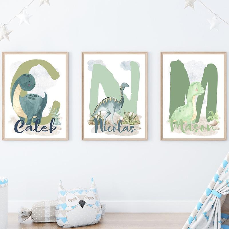 Акварельный мультяшный динозавр Персонализированные плакаты и принты Печать на холсте Настенное искусство Картина для детской комнаты Декор для детской