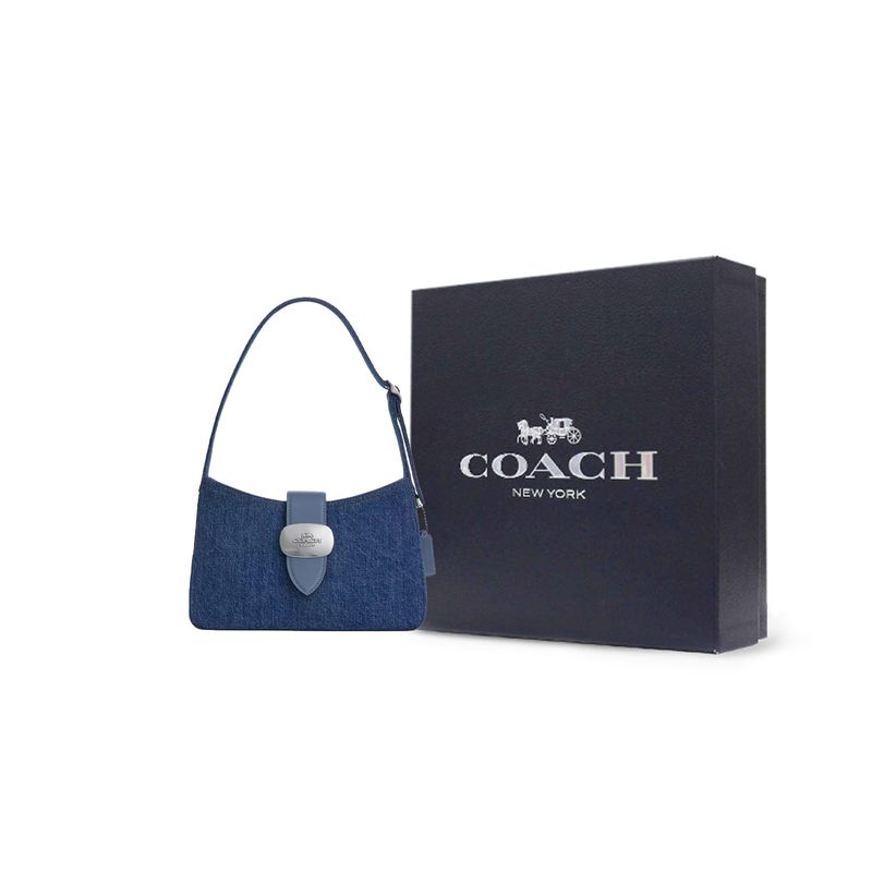 Coach Сумка-тоут на плечо Eliza Signature 24 с логотипом из денима и гладкой кожи, средняя, женская, сине-серебристо-индиго CAK45-SVIN