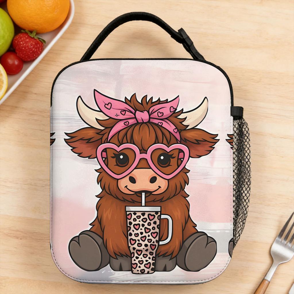 Highland Cow With Pink Bow And Heart Sunglasses Lunch Bag For Child Outdoor Picnic Graphic Lunch Box Kawaii Thermal Lunch Bags