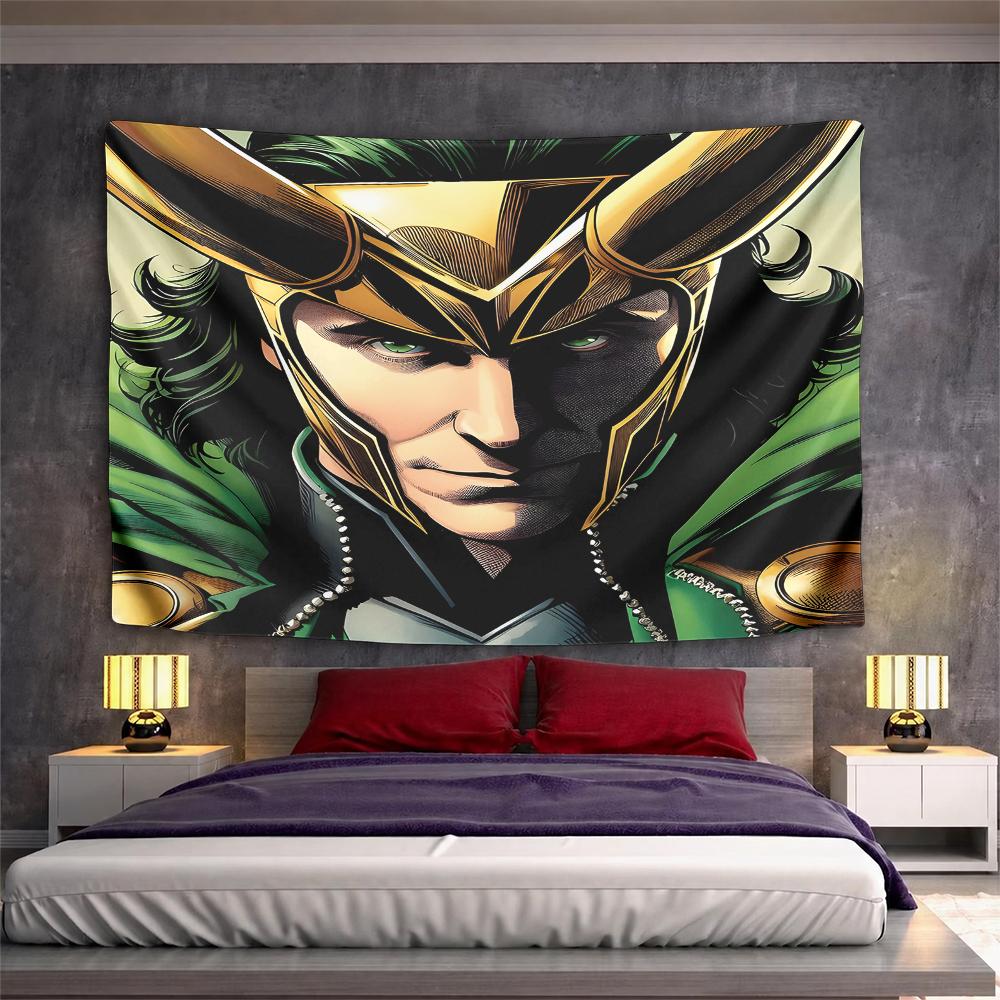 Loki Close Up Portrait with Gold Horned Helmet Green Cloak Comic Wall Tapestry Decor for Bedroom Living Room Gift